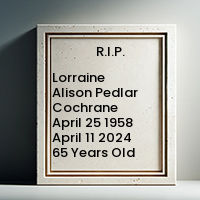 Lorraine Alison Pedlar Cochrane  April 25 1958  April 11 2024 65 Years Old avis de deces  NecroCanada