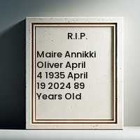 Maire Annikki Oliver  April 4 1935  April 19 2024 89 Years Old avis de deces  NecroCanada