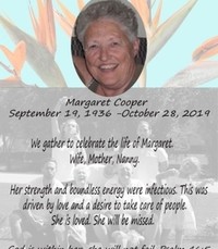 Margaret Cooper  Monday October 28th 2019 avis de deces  NecroCanada