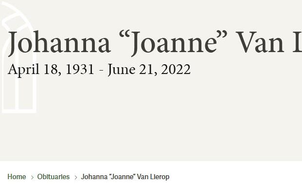 Johanna “Joanne Van Lierop  April 18 1931  June 21 2022 avis de deces  NecroCanada