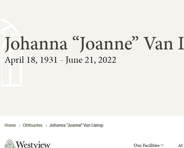 Johanna “Joanne Van Lierop  April 18 1931  June 21 2022 avis de deces  NecroCanada