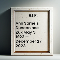 Ann Samels Duncan nee Zuk  May 9 1923 — December 27 2023 avis de deces  NecroCanada