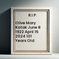 Olive Mary Kotak  June 8 1922  April 15 2024 101 Years Old avis de deces  NecroCanada