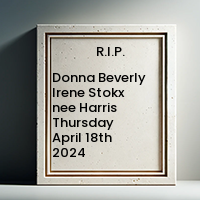 Donna Beverly Irene Stokx nee Harris  Thursday April 18th 2024 avis de deces  NecroCanada