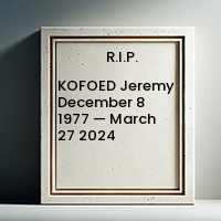 KOFOED Jeremy  December 8 1977 — March 27 2024 avis de deces  NecroCanada