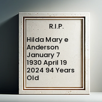 Hilda Mary e Anderson  January 7 1930  April 19 2024 94 Years Old avis de deces  NecroCanada