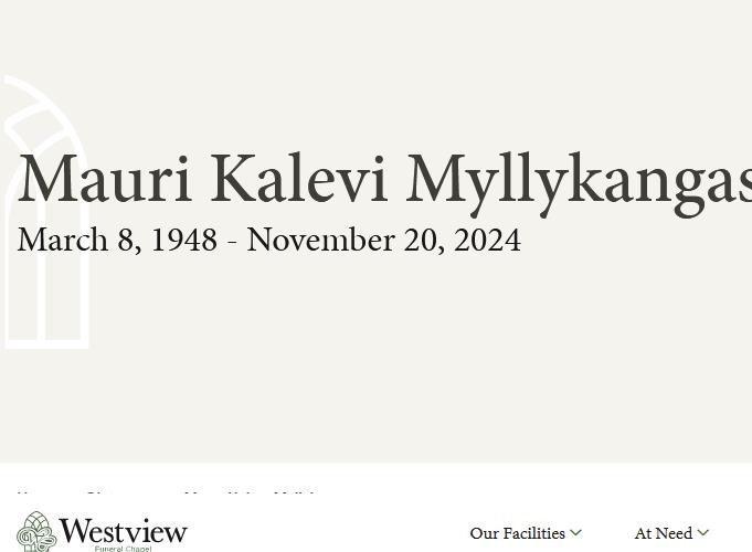 Mauri Kalevi Myllykangas  March 8 1948  November 20 2024 avis de deces  NecroCanada