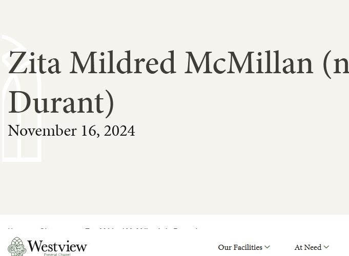 Zita Mildred McMillan née Durant  November 16 2024 avis de deces  NecroCanada