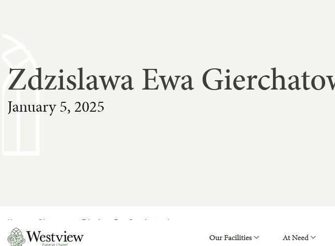 Zdzislawa Ewa Gierchatowska  January 5 2025 avis de deces  NecroCanada