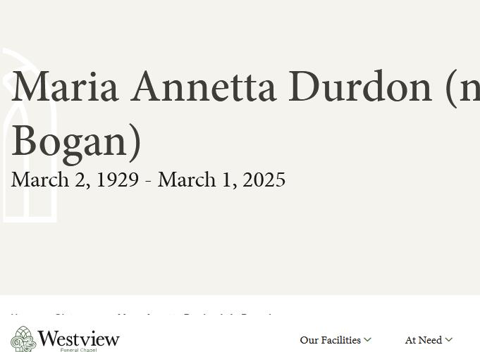 Maria Annetta Durdon née Bogan  March 2 1929  March 1 2025 avis de deces  NecroCanada